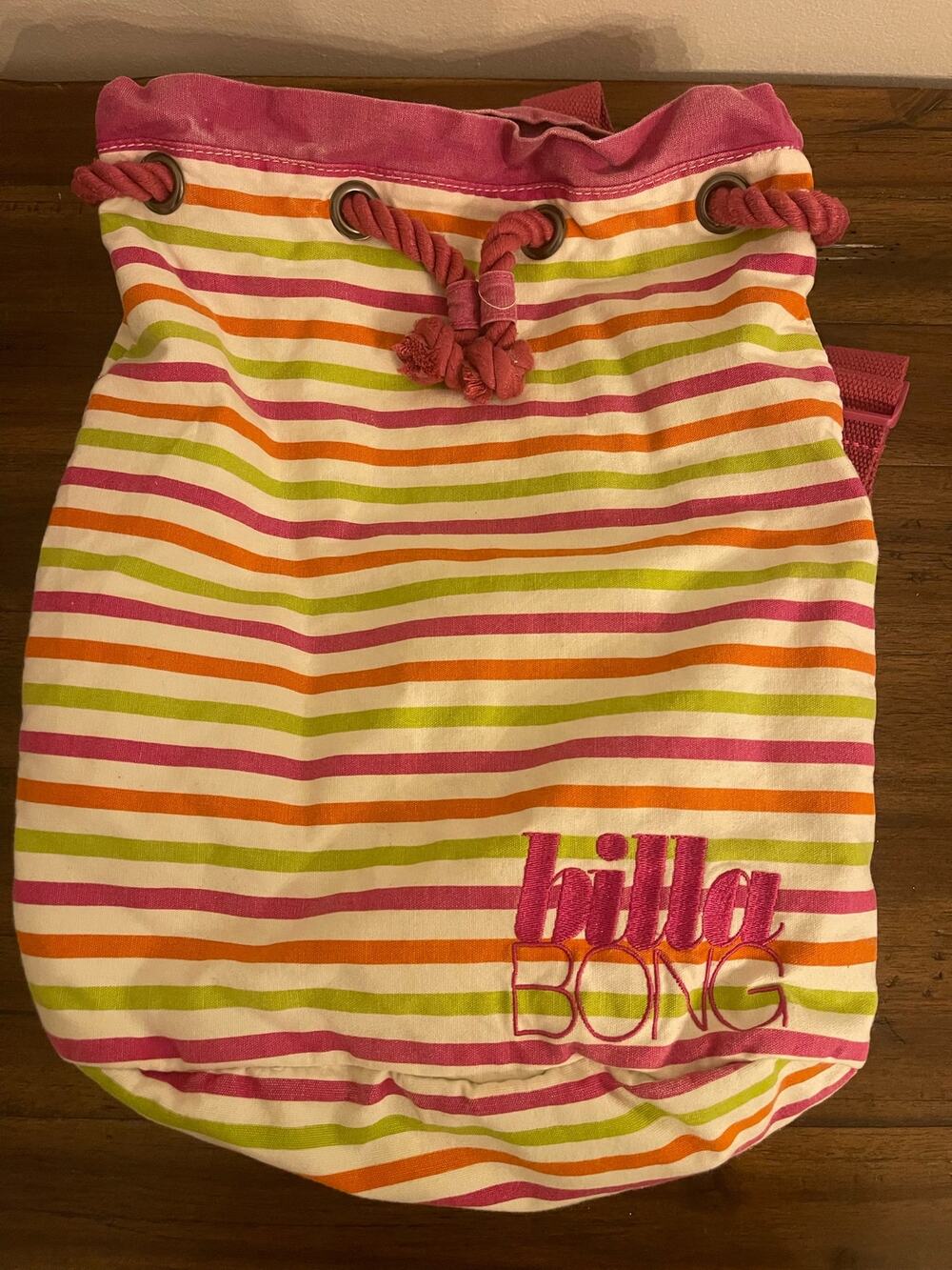 Billabong Pink & Orange Striped Drawstring Bag Billie Girls